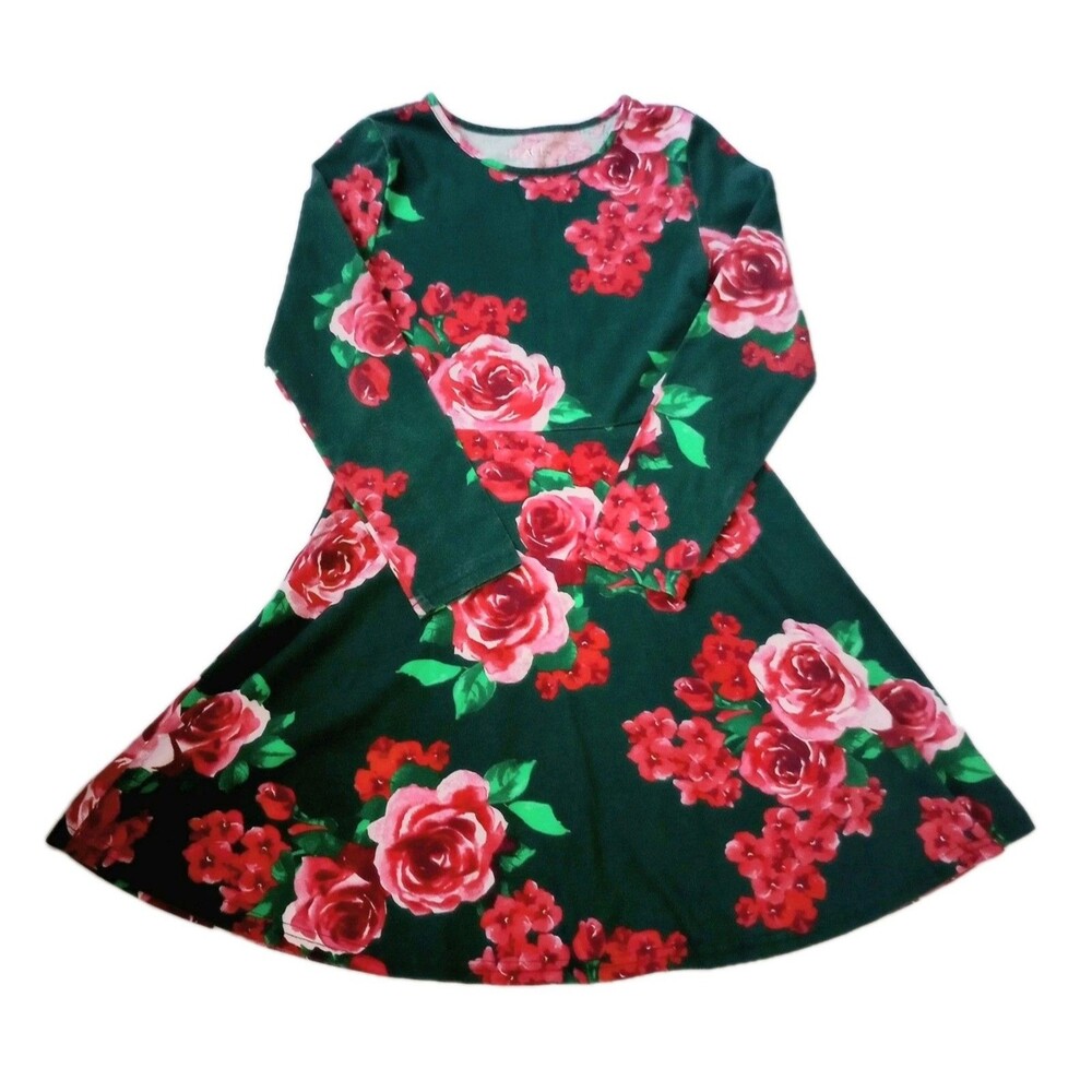 Childrens Place Long Sleeve Green Floral Dress sz M 7/8 Girls Pink RoseValentine